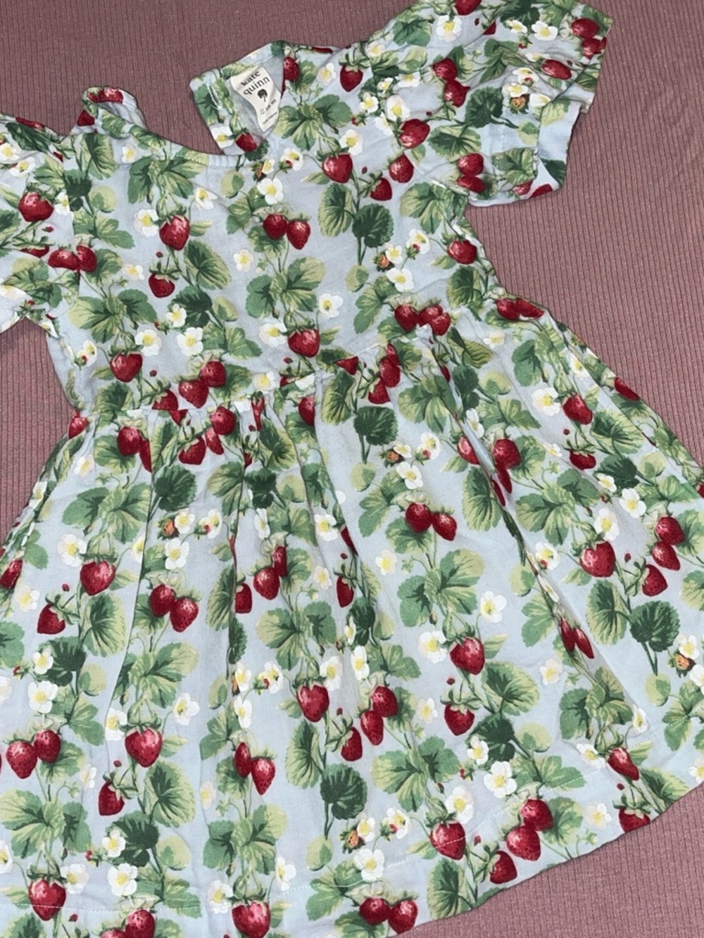 kate quinn Strawberry Print Puff Sleeve Dress - Light Blue, Red, Green